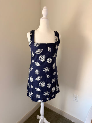 Seashell Motif Square Neck Linen Blend Mini Dress