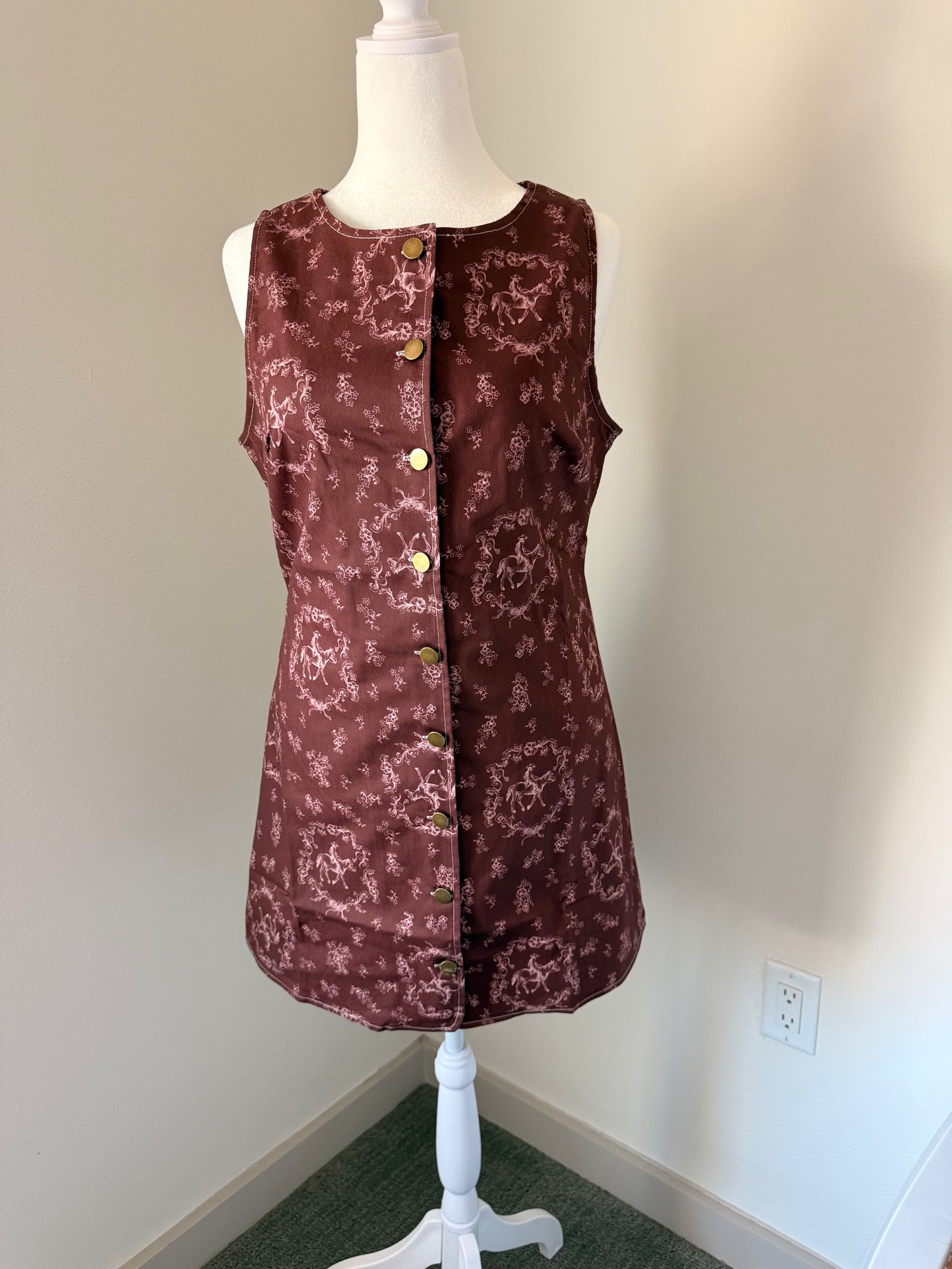 Western Chic Horse Print Button-Down Mini Dress in Burgundy