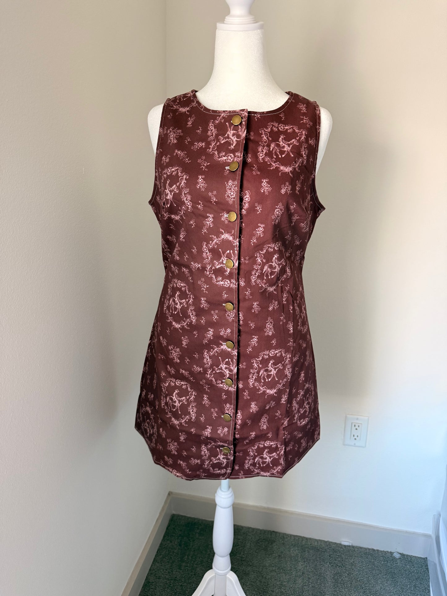 Western Chic Horse Print Button-Down Mini Dress in Burgundy