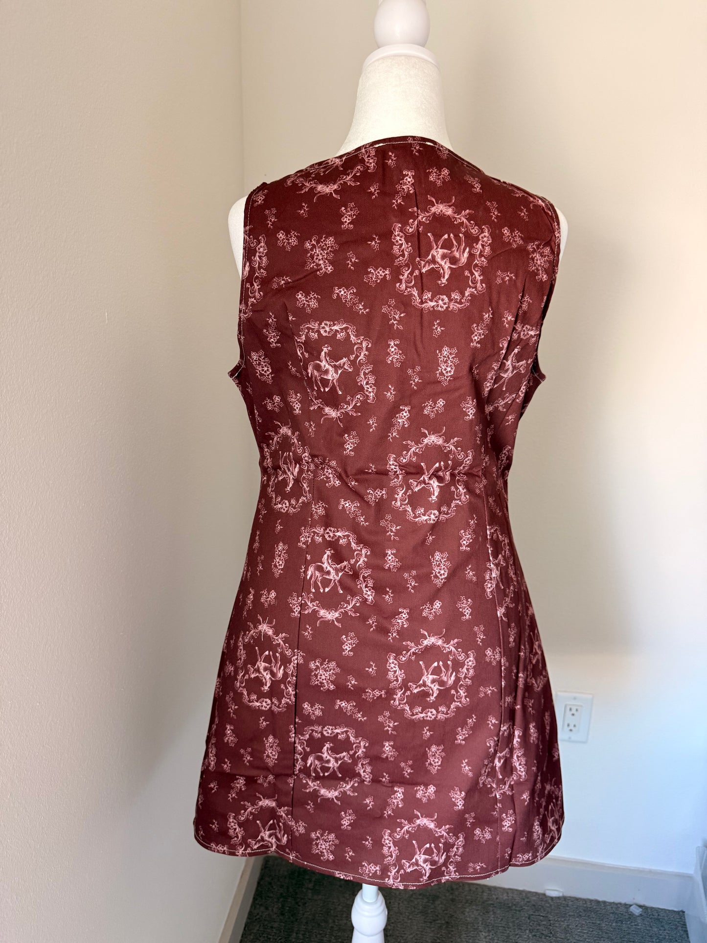 Western Chic Horse Print Button-Down Mini Dress in Burgundy