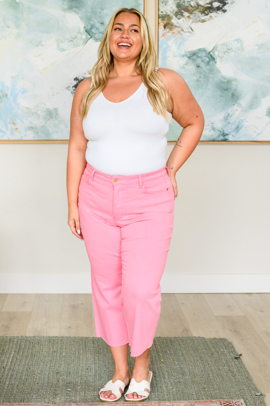 Lisa High Rise Tummy Control Wide Leg Crop Jeans in Pink