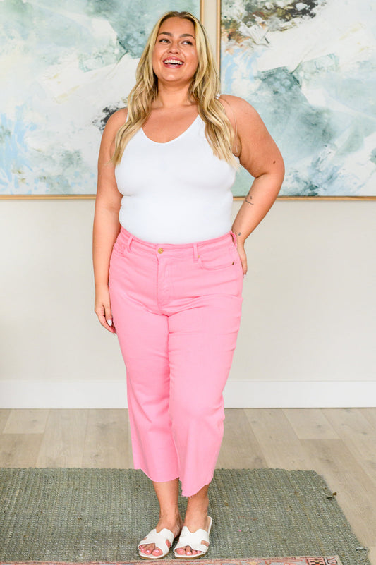 Lisa High Rise Tummy Control Wide Leg Crop Jeans in Pink