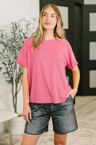 Leave It to Me Waffle Knit Relaxed Tee in Pink