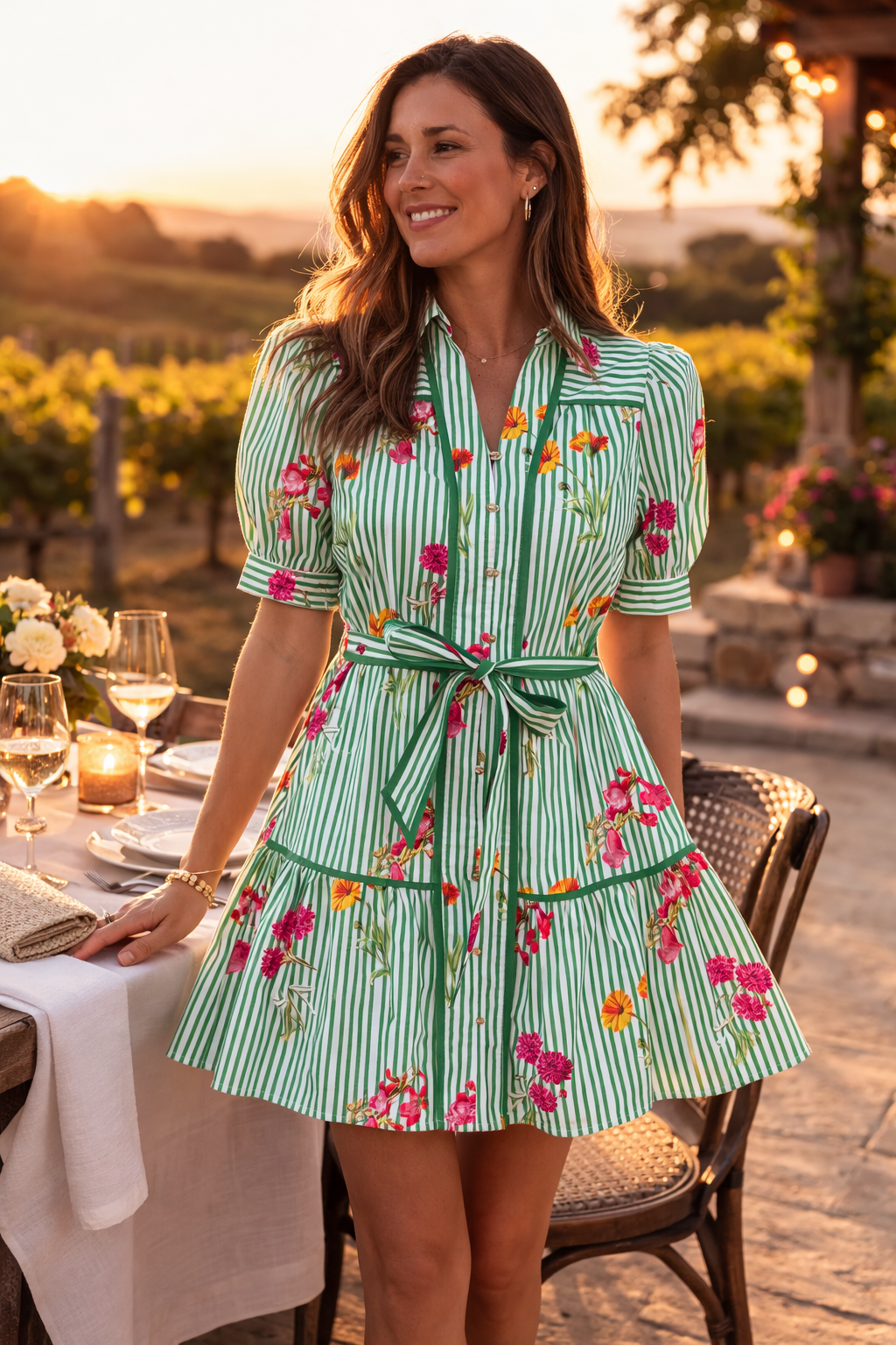 Woman in a green dress with floral patterns standing outdoors near a table with wine glasses.