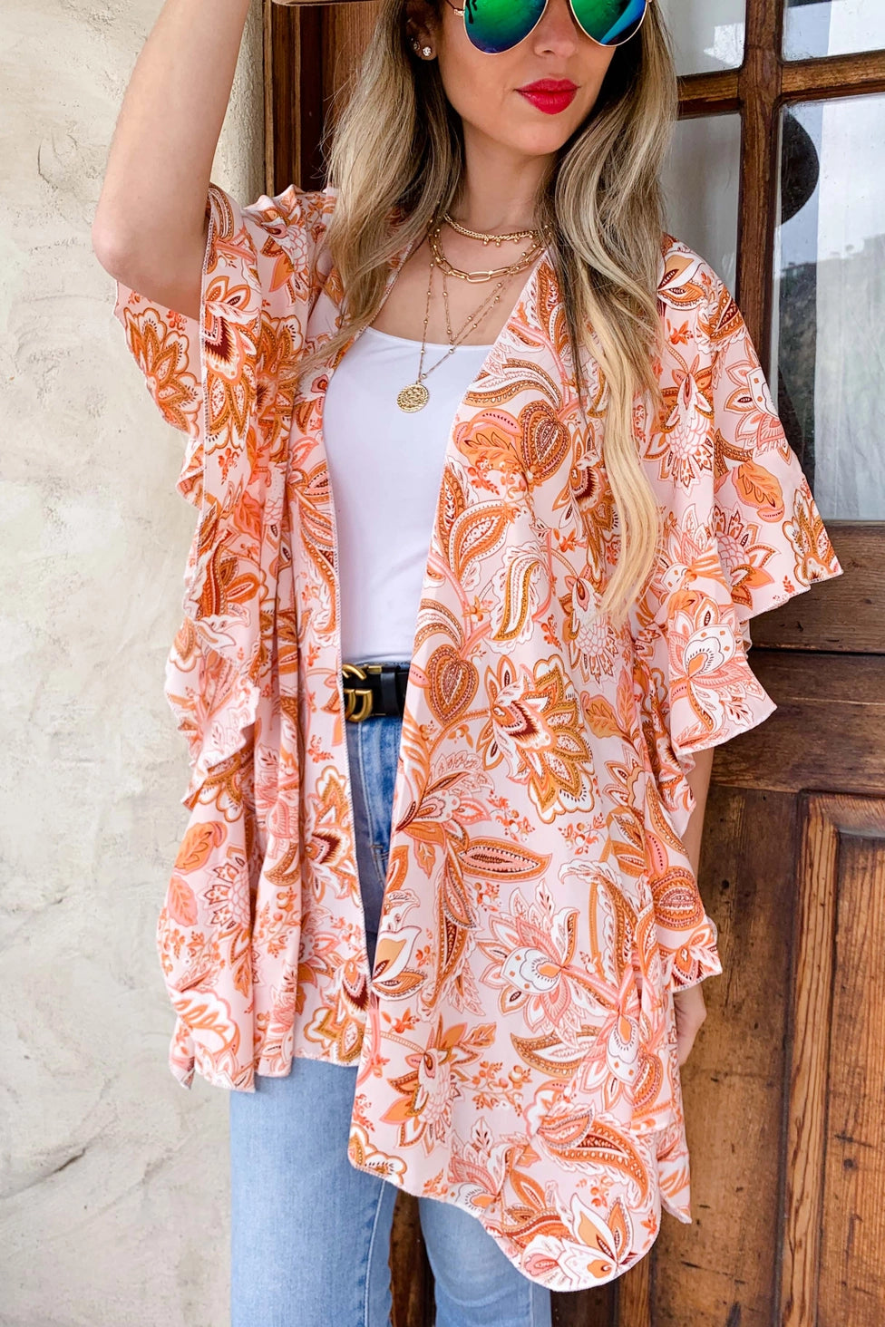 Peach Floral Printed Ruffle Sleeve Kimono Cover Up