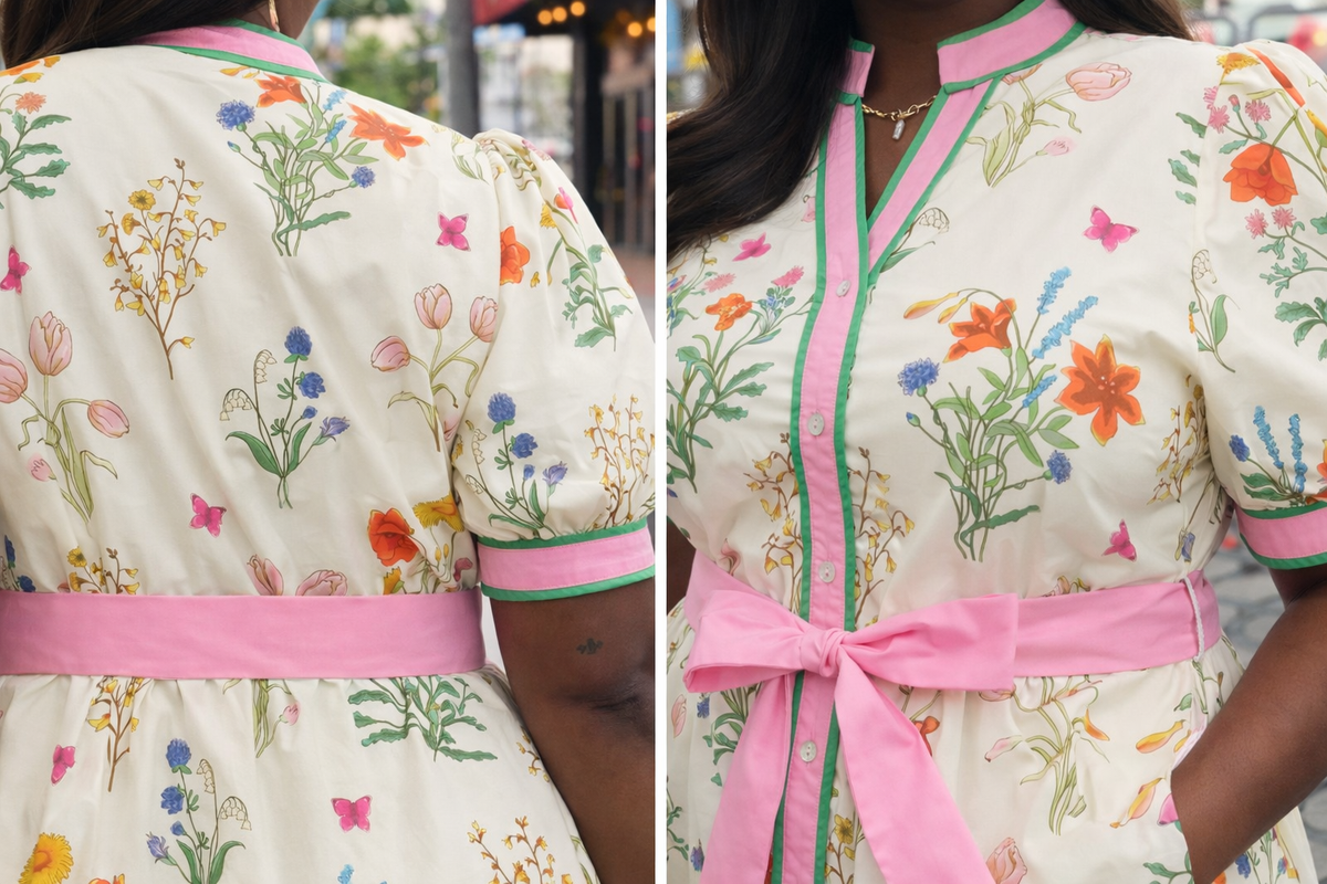 Floral-patterned dress with a pink belt worn by a person, shown from two angles.