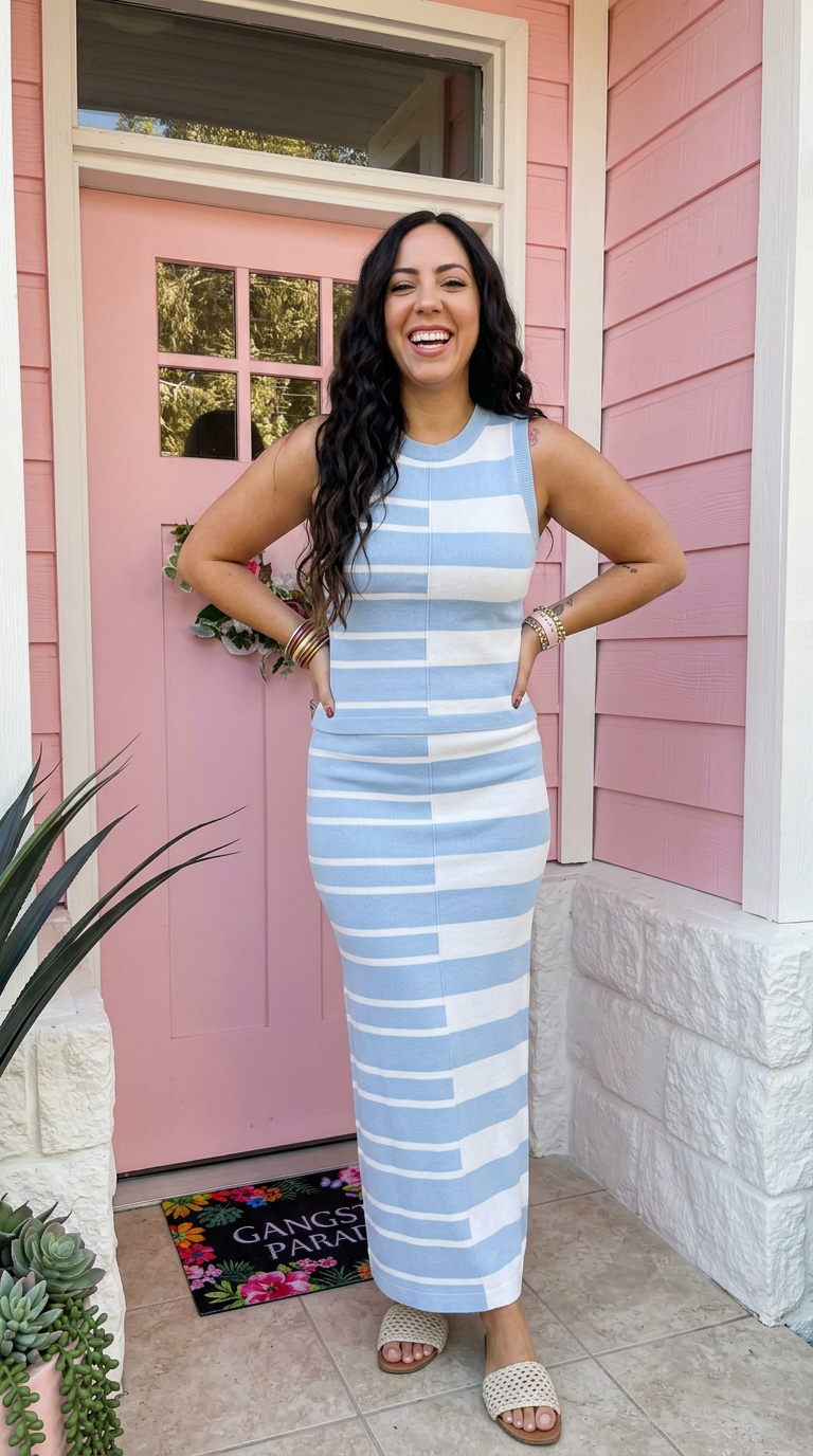 Woman in a blue and white striped dress standing in front of a pink house.