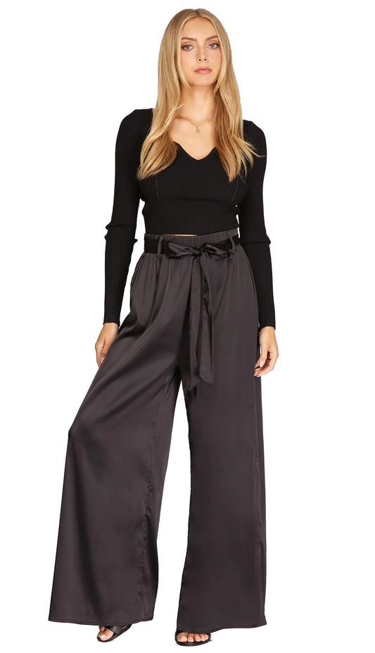 Side to Side Satin Sash Waist Wide Leg Pants