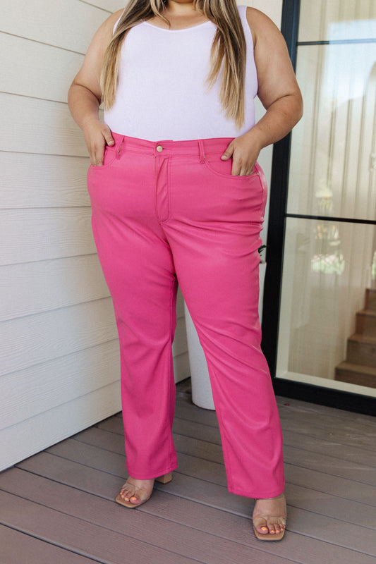 Tanya Tummy Control Faux Leather Pants in Hot Pink