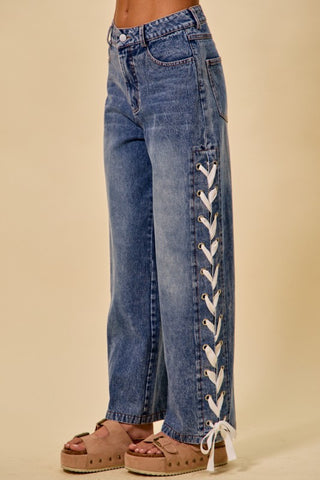 Mid Rise Straight Leg Denim Jeans with Side Lace-Up Detail