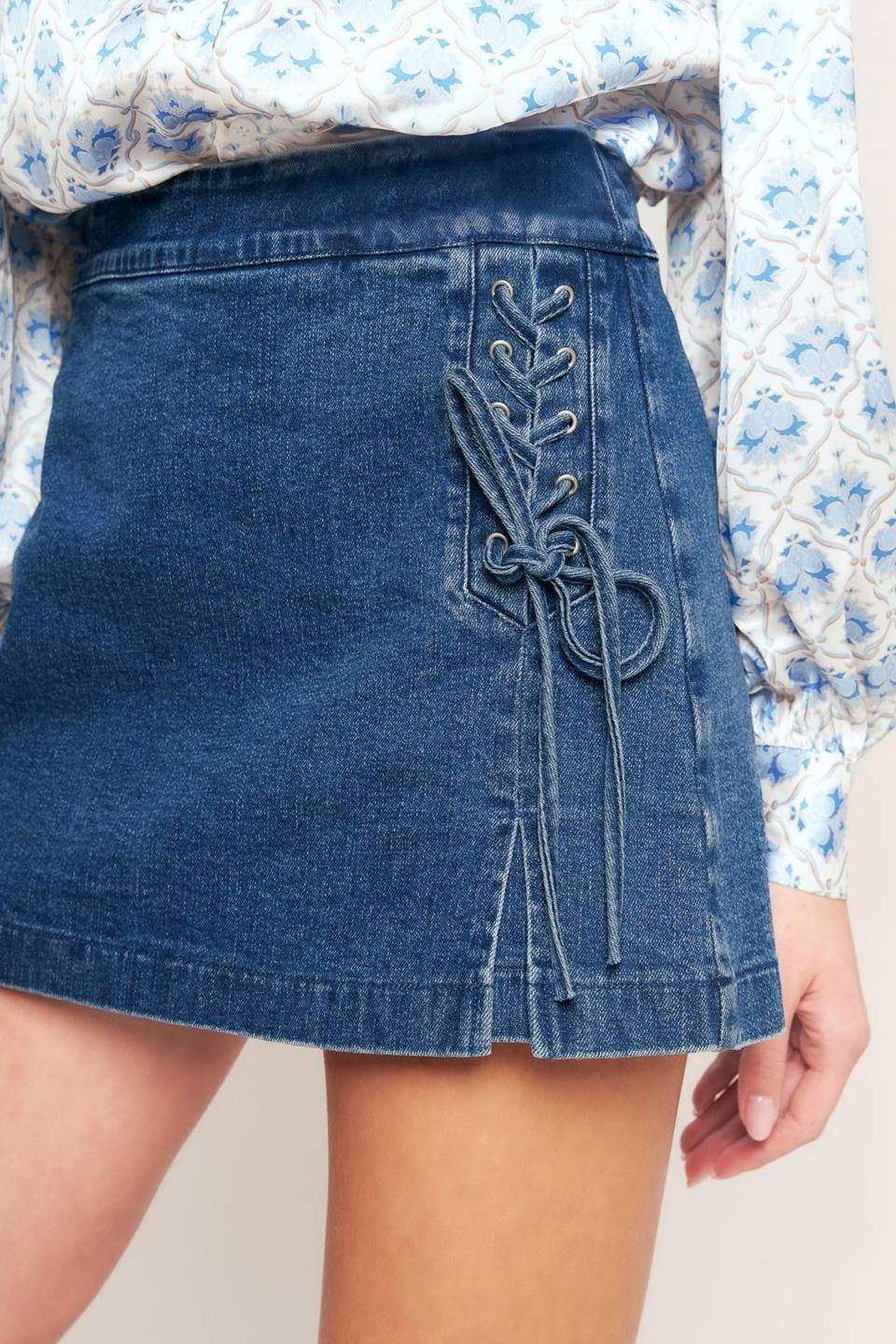 Lola Side Lace-Up Washed Denim Mini Skort