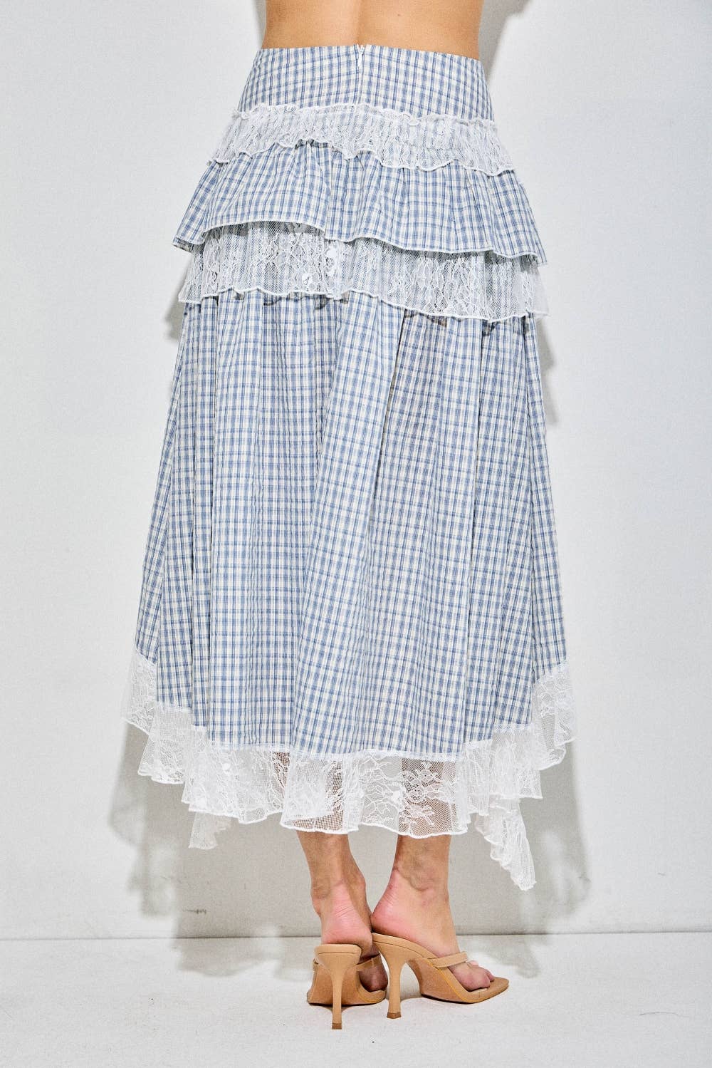 Cottagecore Blue Gingham Tiered Lace High-Low Maxi Skirt