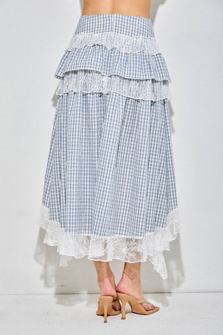 Cottagecore Blue Gingham Tiered Lace High-Low Maxi Skirt