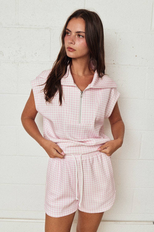 So Easy Gingham Zip Up Top Short Set