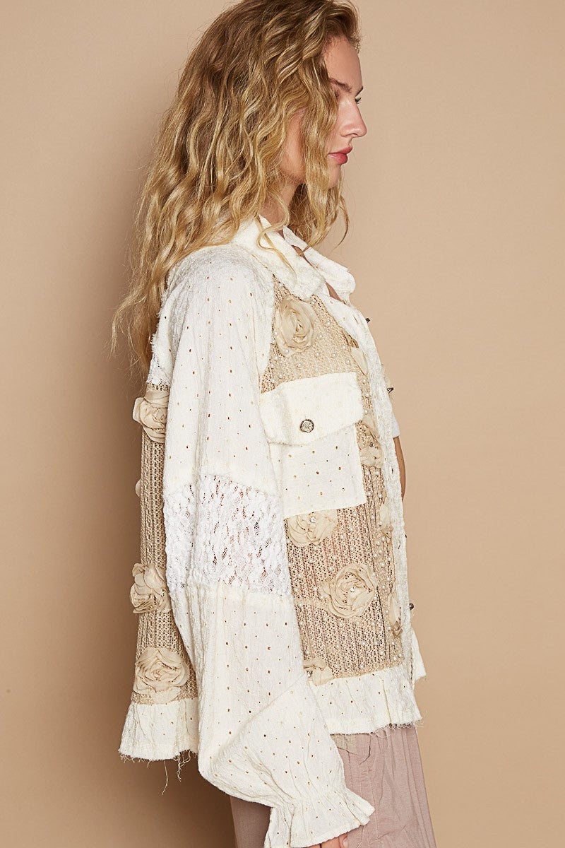 Irene Eyelet Flower Pearl Detail Lace Patchwork Shirt