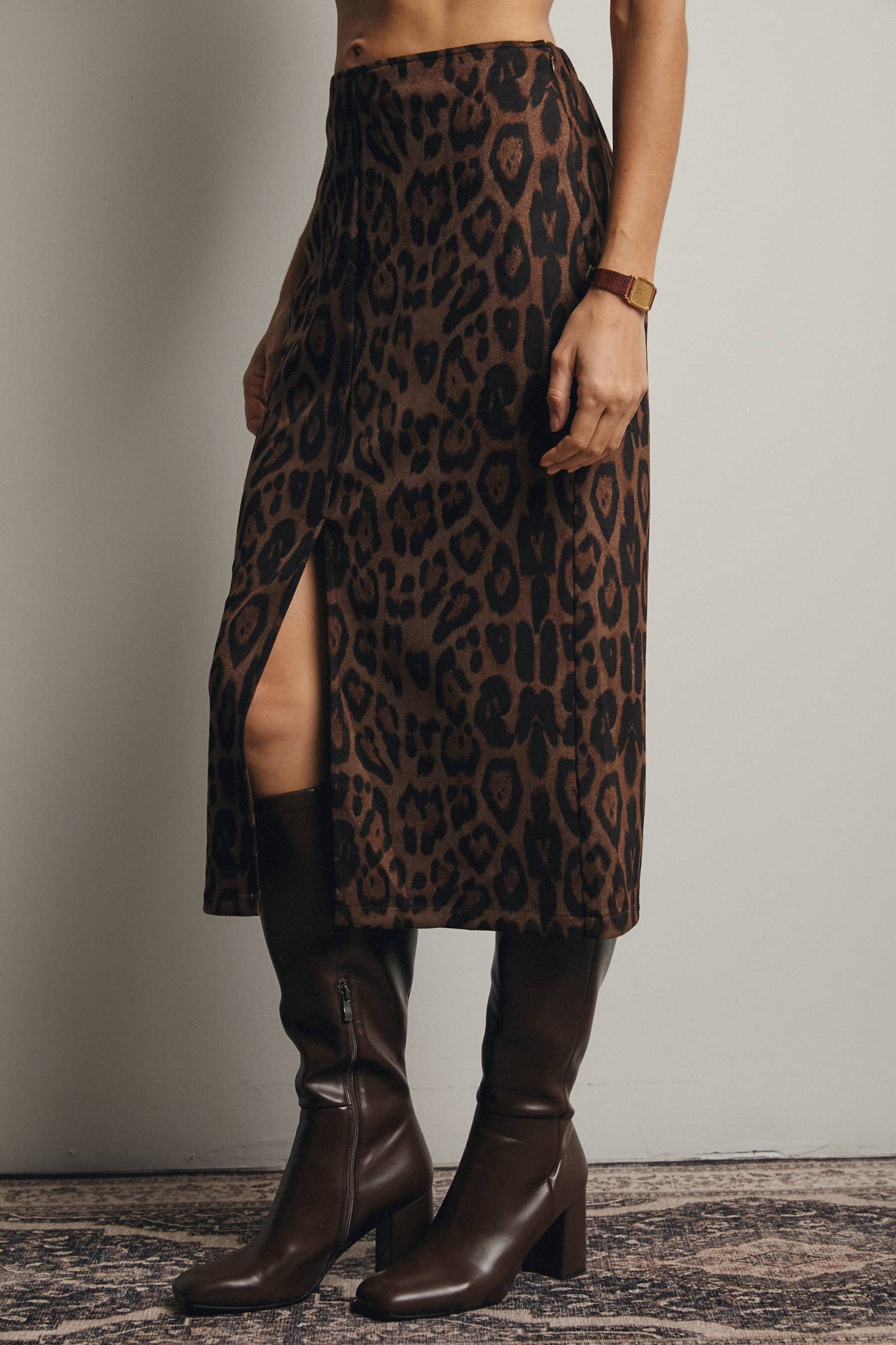 Father Figure Leopard Print Front Slit Midi Skirt