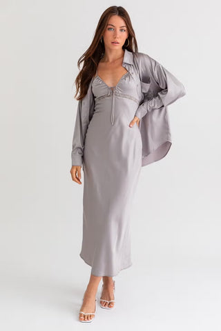 Story of My Life Lace Trim Maxi Satin Dress