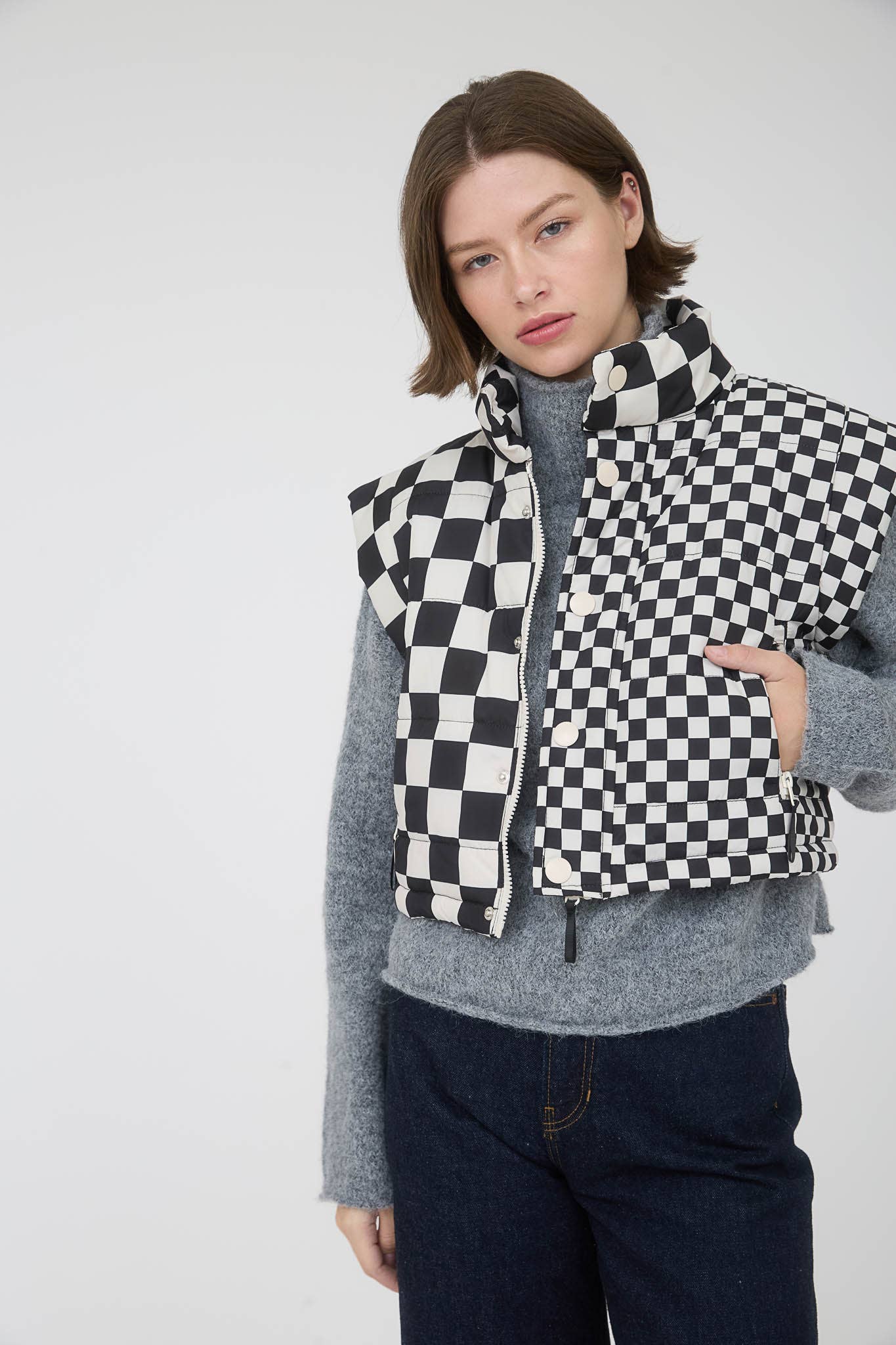 Checkered Cropped Vest in Black
