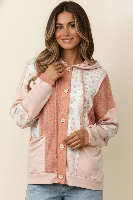 Button Waffle Floral Color Block Top Hoodie Jacket