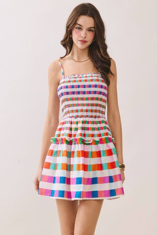 Multi Color Checkered Smocked Bodice Mini Dress
