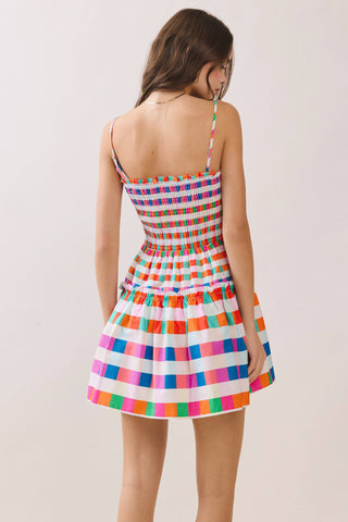 Multi Color Checkered Smocked Bodice Mini Dress