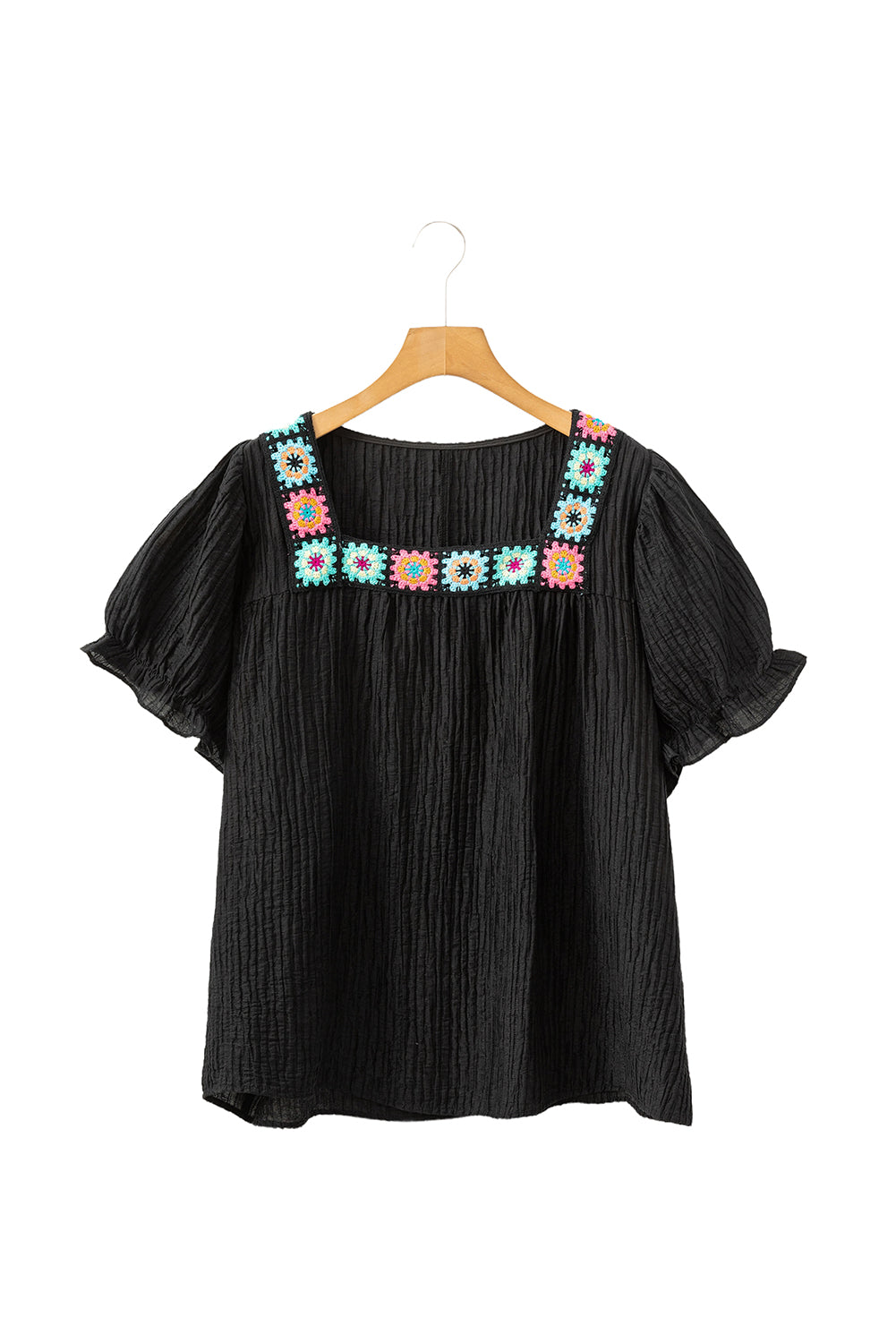 Black Floral Crochet Square Neck Ruffle Short Sleeve Plus Size Top