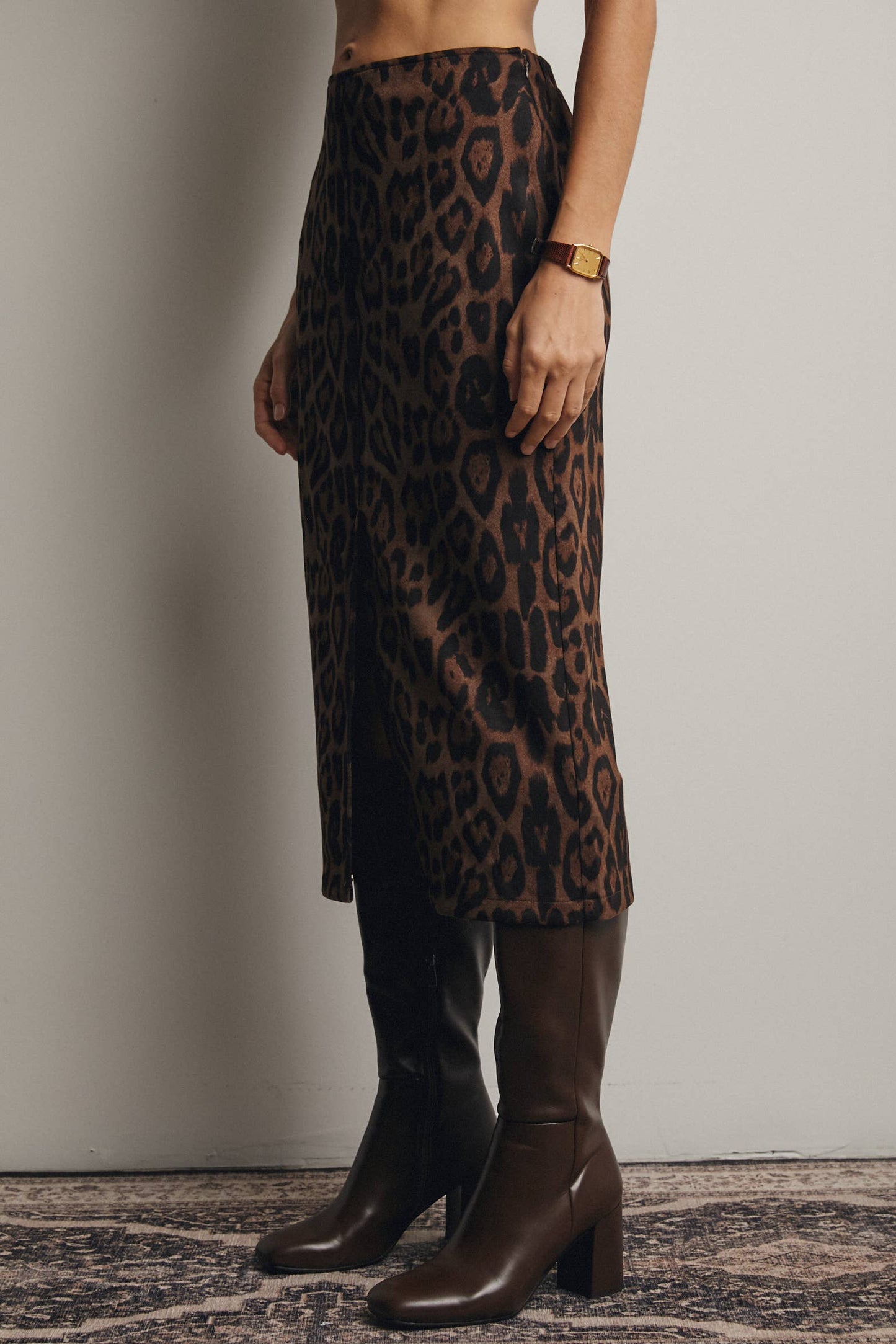 Father Figure Leopard Print Front Slit Midi Skirt