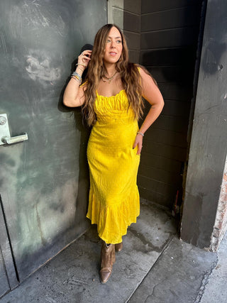 Just The Way You Are Tuscan Yellow Swiss Dot Tie Strap Midi Dress