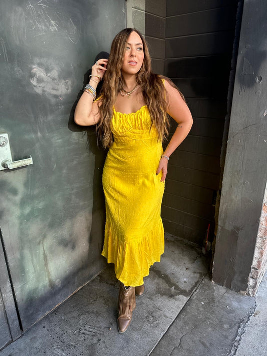Just The Way You Are Tuscan Yellow Swiss Dot Tie Strap Midi Dress
