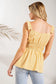 This unique plus size, Seersucker, micro gingham blouse features a ruffled detail on shoulder. It has a ruched waistline that has a tiered hem. The top is woven. Warm days in San Luis Obispo will not be a problem.