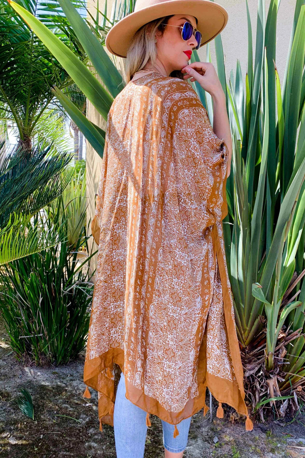 Camel Paisley Printed Kimono Cardigan Cover Up With Tassel