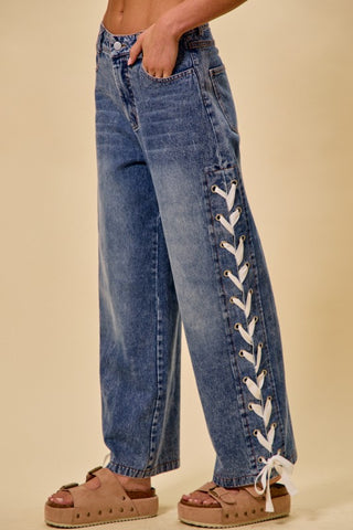 Mid Rise Straight Leg Denim Jeans with Side Lace-Up Detail