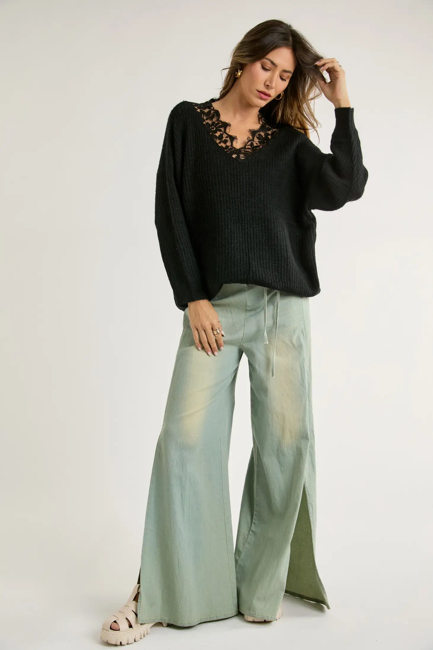 FLORAL LACE ACCENT V-NECK RIBBED KNIT DOLMAN SLEEVE OVERSIZED COZY SWEATER. Perfect to wear in San Luis Obispo.