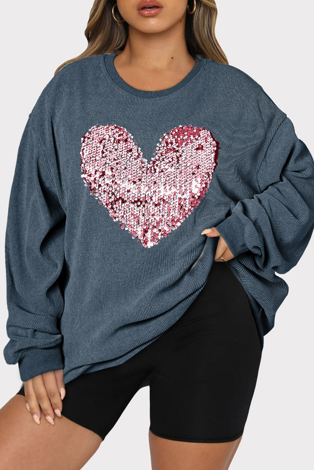 Love Me Plus Size Heart Sequin Round Neck Sweatshirt