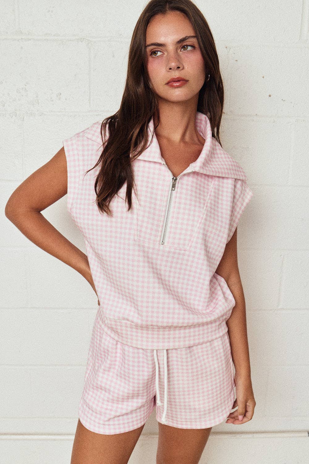 So Easy Gingham Zip Up Top Short Set