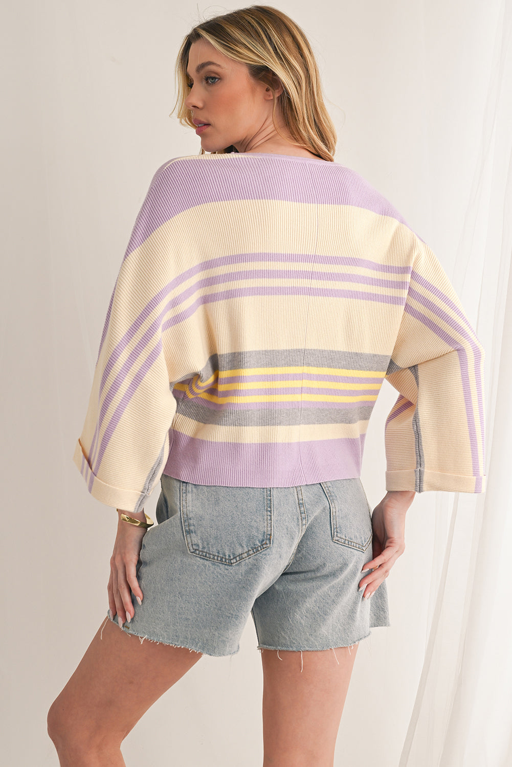 Julie Purple Striped Rib-Knit Cropped Top