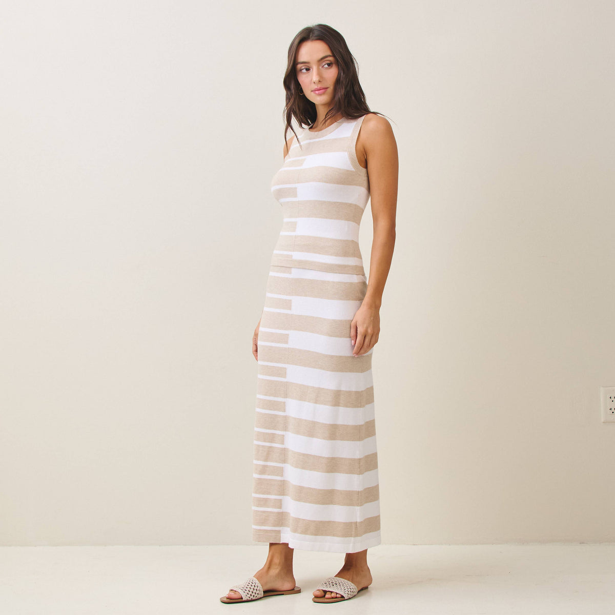 Ruin the Friendship Striped Colorblock Knit Vest & Midi Skirt Set in Sand