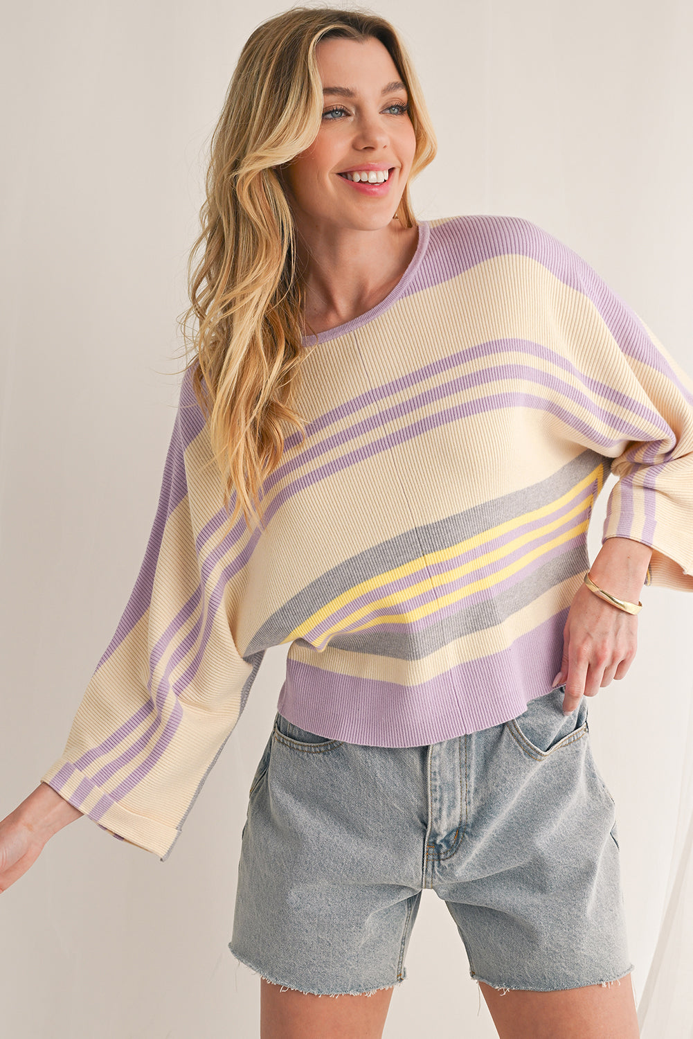 Julie Purple Striped Rib-Knit Cropped Top