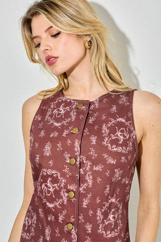 Western Chic Horse Print Button-Down Mini Dress in Burgundy