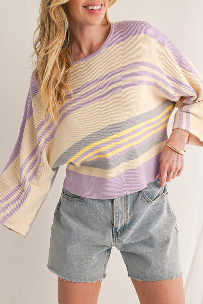 Julie Purple Striped Rib-Knit Cropped Top