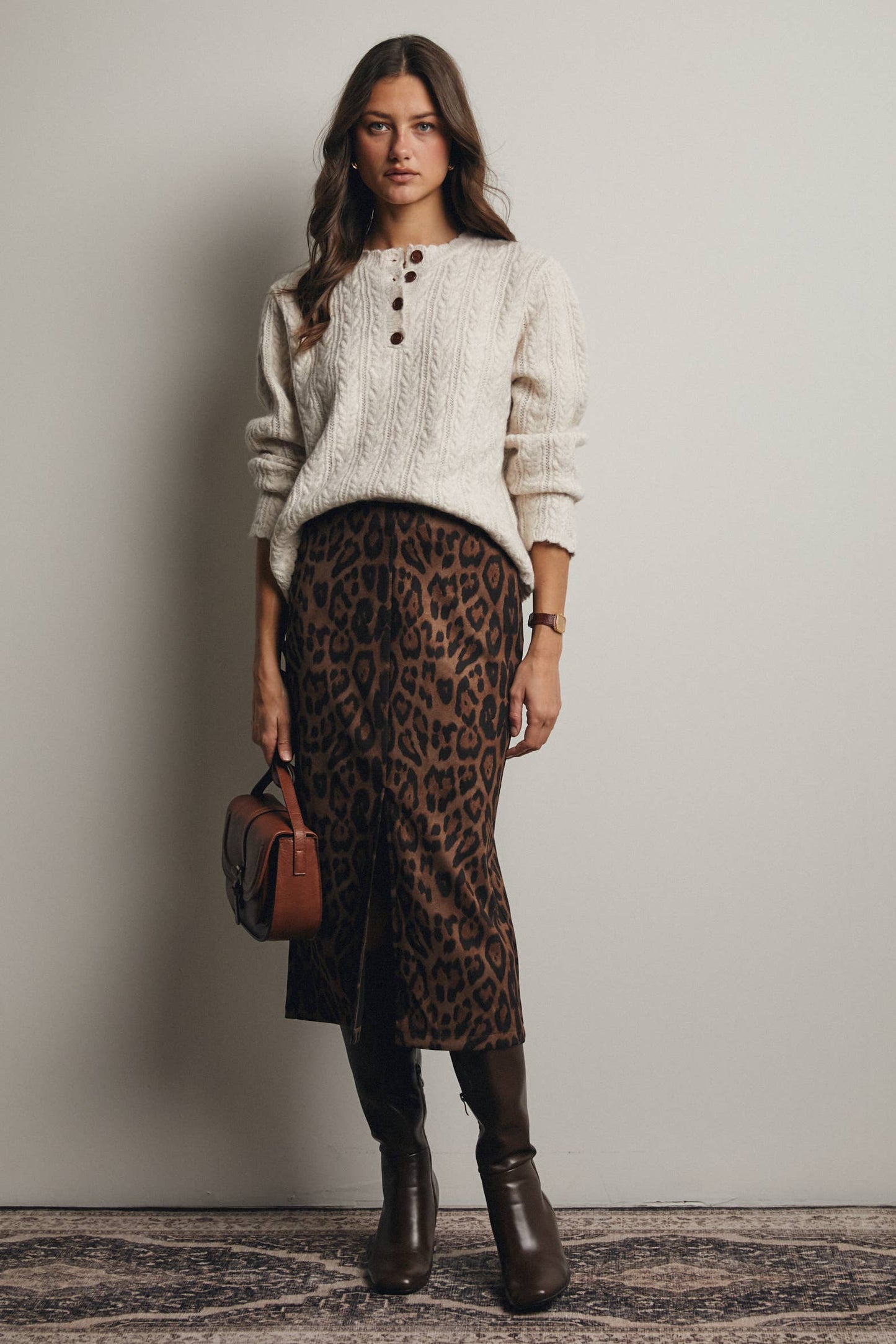 Father Figure Leopard Print Front Slit Midi Skirt