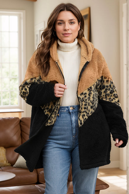 Austin Plus Size Leopard Zip Up Hooded Outerwear