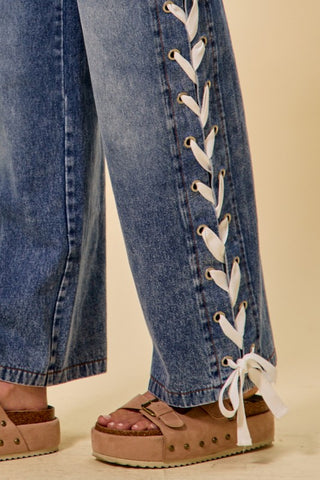 Mid Rise Straight Leg Denim Jeans with Side Lace-Up Detail
