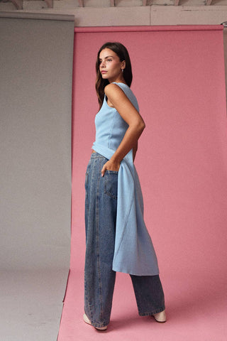 Serene Blue Button-Front Ribbed Midi Dress