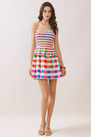Multi Color Checkered Smocked Bodice Mini Dress