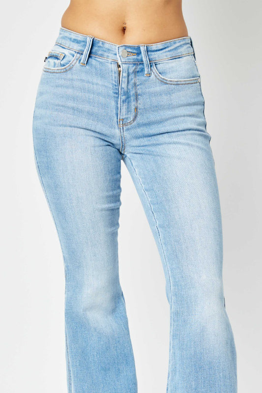 August Full Size Mid Rise Raw Hem Slit Flare Jeans