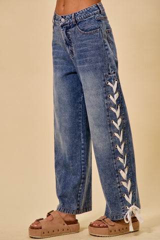 Mid Rise Straight Leg Denim Jeans with Side Lace-Up Detail