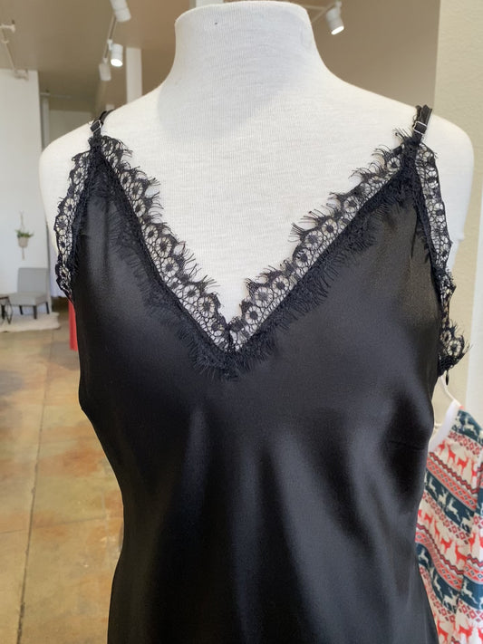 Issues Plus Size Satin Lace Trim V Neck Slip Dress in Black