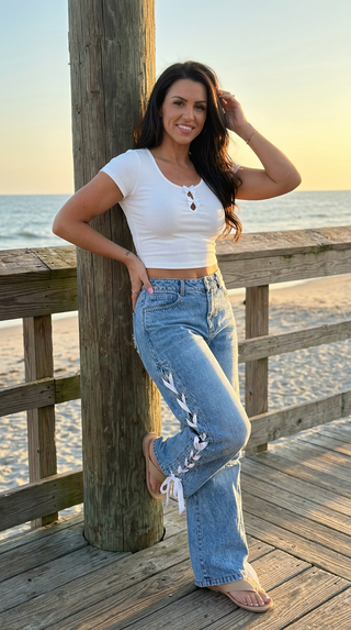 Mid Rise Straight Leg Denim Jeans with Side Lace-Up Detail