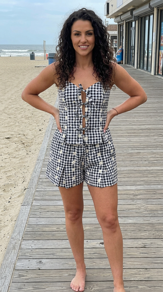 Gingham Tie Front Top And Shorts Set in Black